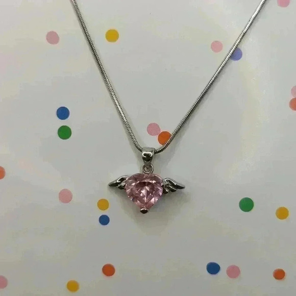 18KGP Light Pink Blush beveled Heart Winged pendant Silver EUC 18" necklace - Picture 1 of 9